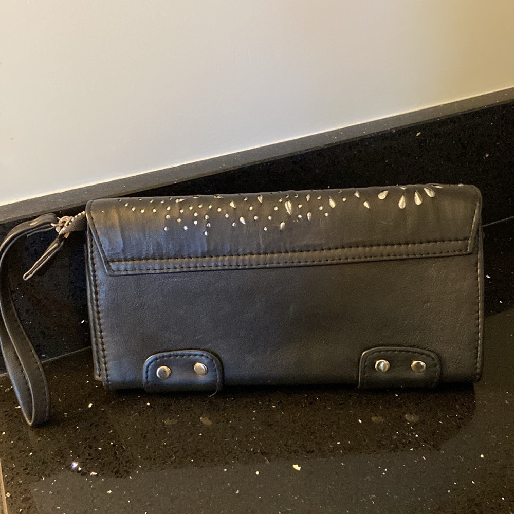 Black Pierced Leather Wallet Clutch with Silver Underlay & Hardware - Picture 2 of 12